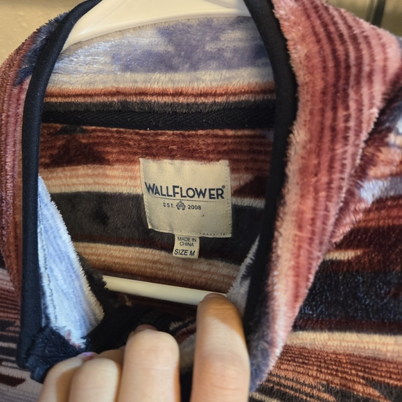 Wallflower Womens's Zip Up Sweater - Magenta, Blue, White Pattern - Picture 3 of 3